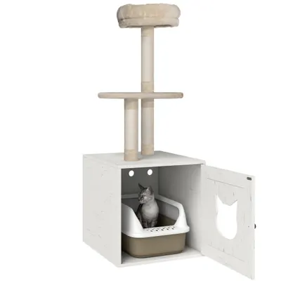PawHut Cătănel cu casă de toaletă, turn de joacă 2-în-1 de 129 cm cu ascundere litieră, stâlpi pentru zgâriat, crem | Aosom Romania
