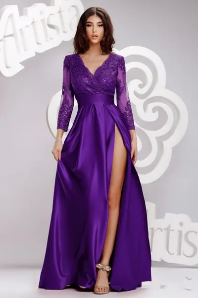 Rochie eleganta din tafta mov cu partea superioara din broderie