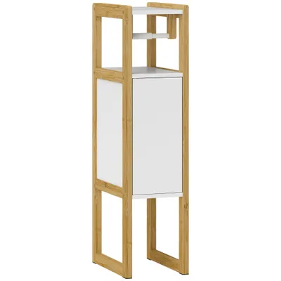 HOMCOM Mobilier de Baie cu Suport pentru Hârtie Igienică, Dulap și Raft, Dulap Compact din Bambus, 20x33x80 cm, Alb | Aosom Romania