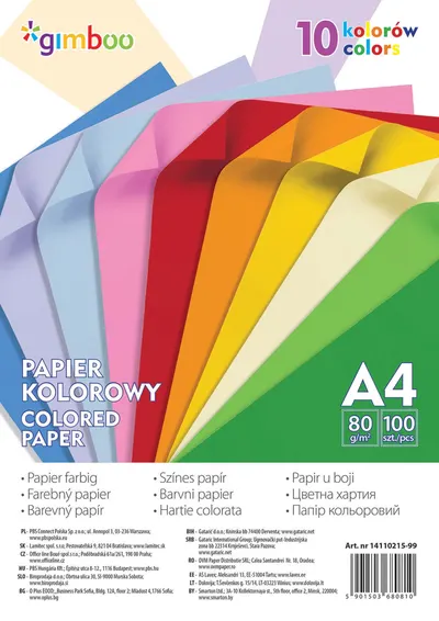 Hârtie colorată Gimboo - A4, 10 culori, 100 coli