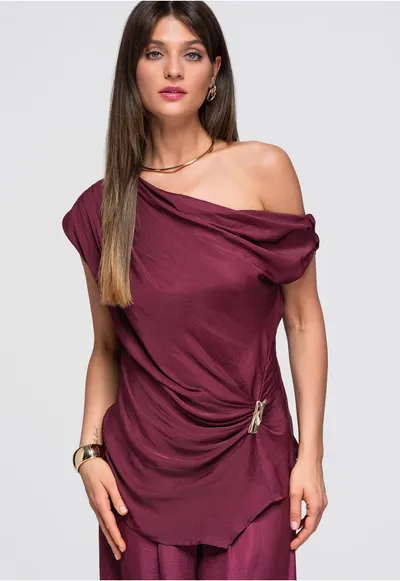 Bluza dama asimetrica cu decolteu inclinat si drapaj - lunga - fara maneci OW-TS-E0053 - Mov