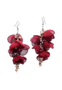 Cercei lungi statement - Zia Fashion - flori din voal - perle Mallorca si inox - handmade - Visiniu