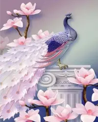 Pictură mozaic cu diamante MagicArt: Premium -Păun cu magnolii, 30 x 40 cm, cu mărgele rotunde + AB