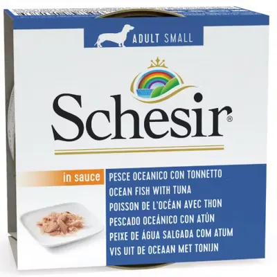 Hrana umeda caini, Schesir Dog Adult Small Ocean Fish with Tuna in Sauce, 85 g