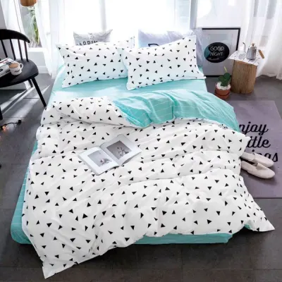 Lenjerie pat 140x200cm 4 piese cu ELASTIC - 3 Bucati 219 Lei - Alb-Bleu forme geometrice
