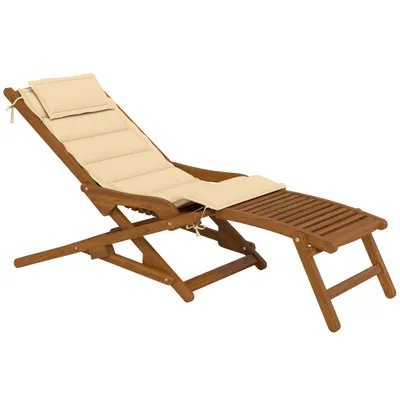 Outsunny Șezlong/Scaun Pliabil din Lemn cu Suport pentru Picioare Detașabil și Pernă cu Suport pentru Cap Capacitate 160 kg 158x61x70 cm Bej | Aosom Romania