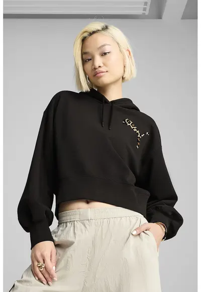 Hanorac relaxed-fit cu croiala crop Leo Luxe - Negru