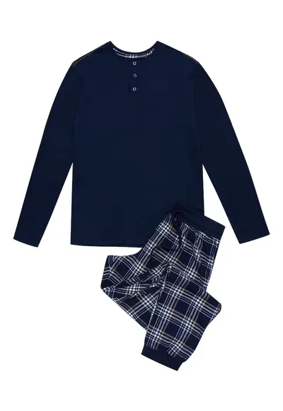 Pijama barbati Honor - albastru - bumbac - maneca lunga - set bluza si pantaloni