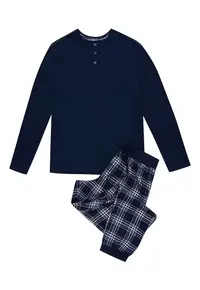 Pijama barbati Honor - albastru - bumbac - maneca lunga - set bluza si pantaloni
