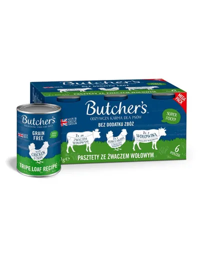 BUTCHER'S Original Tripe pate pentru caini 6x400 g cu rumen, pui si vita, arome mixte cu rumen de vita