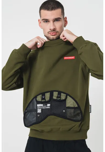 Bluza de trening din bumbac cu decolteu la baza gatului - Negru/Verde sparanghel