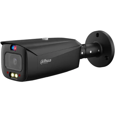 Camera supraveghere exterior IP cu iluminare duala Dahua WizSense Active Deterrence TiOC IPC-HFW3849T1-AS-PV-0280B-S5-BLACK, 8 MP, 2.8 mm, IR/lumina alba 30 m, slot card, microfon si difuzor, detectie miscare, PoE, neagra