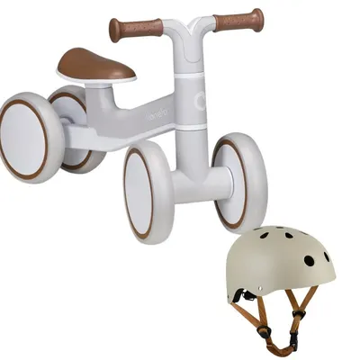 Bicicleta fara pedale, Lionelo, Villy, Cu 4 roti, Din spuma EVA si TPR, Stabila, Manere moi, antiderapante, 12- 36 luni, Sustine pana la 30 kg + Casca pentru copii, Reglabila 50-56 cm, Bej