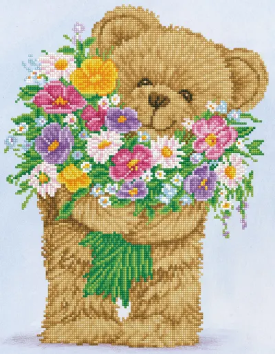 Tablou cu diamante - Ursuleț cu buchet de flori, 46 x 36 cm