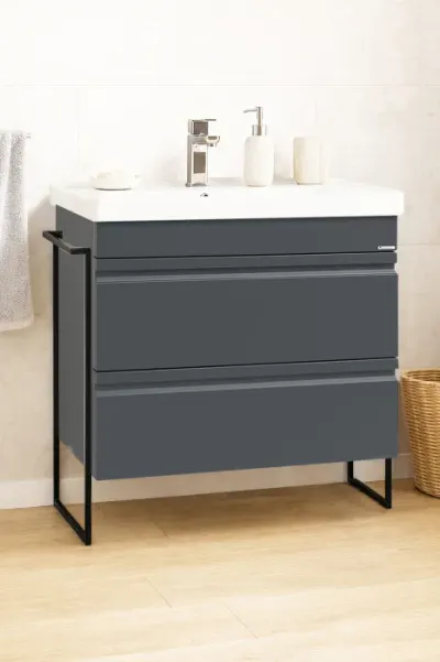 Set Baza front MDF si Lavoar seria 786, cadru metalic, cu sertare, montata, 80 cm, antracit