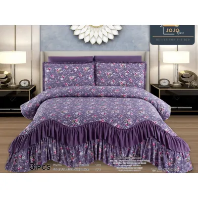 Cuvertura pat dublu, 3 piese, Bumbac Finet, 220x270cm, cu volanase, Jojo Home, Mov, flori