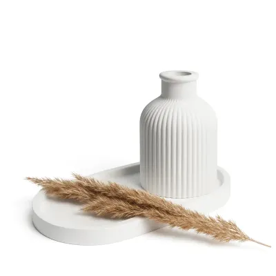 Set tavă ovală & vază pentru flori uscate din ceramică jesmonite – în cutie cadou - Marmorată verde