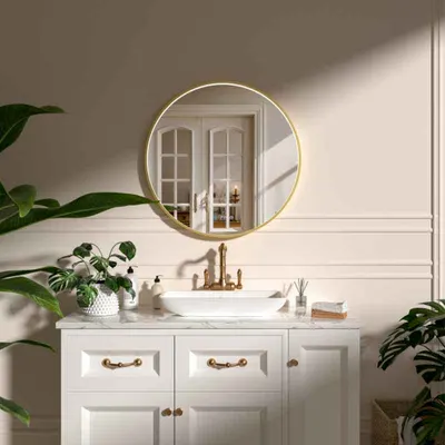 Oglinda baie 80 cm cu dezaburire, ceas si iluminare perimetrala, rama aurie, Fluminia Aster 80 Clock