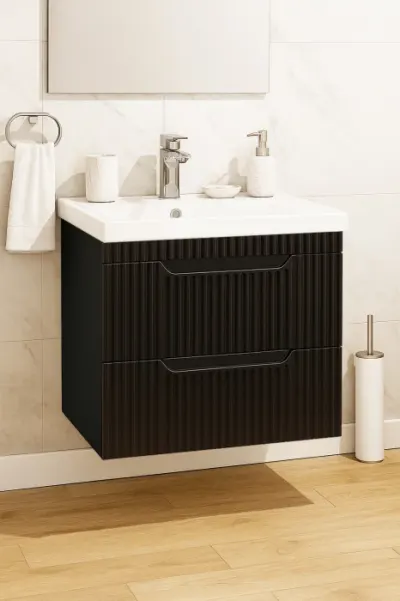 Set Baza front MDF si Lavoar seria 733, suspendata cu sertare, 60 cm, negru