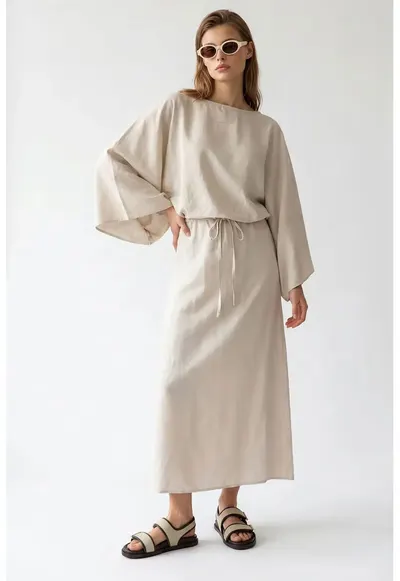 Rochie Maxi - Casual - Bej Natural - Detaliu cu Snur - Poliester-Bumbac