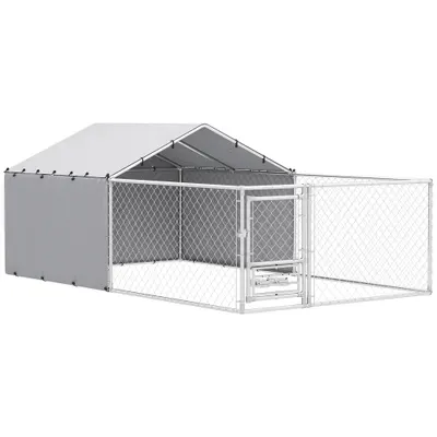 PawHut Țarc pentru Câini de Exterior cu Acoperiș Anti-UV Impermeabil și Boluri Rotative, 400x230x150 cm, Argintiu | Aosom Romania