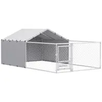 PawHut Țarc pentru Câini de Exterior cu Acoperiș Anti-UV Impermeabil și Boluri Rotative, 400x230x150 cm, Argintiu | Aosom Romania