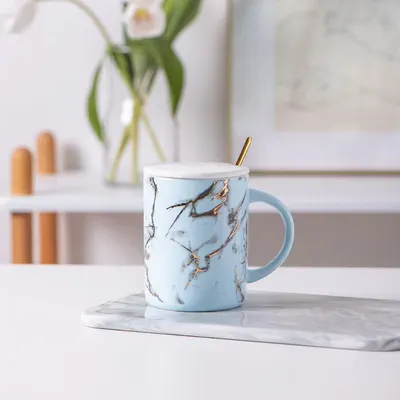 Pahar cu capac Morello - Marble, cu linguriță, 280 ml, Albastru
