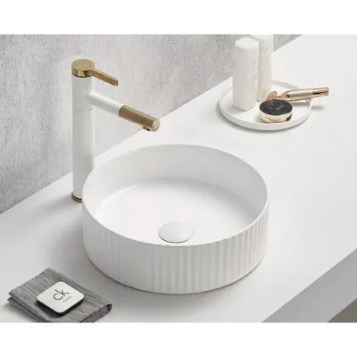 Lavoar rotund pe blat, cu riflaje 3D, alb lucios, Imperial Foglia