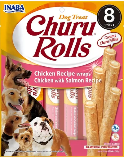 INABA Churu Rolls Chicken 8x12g rolls cu pui si somon pentru caini