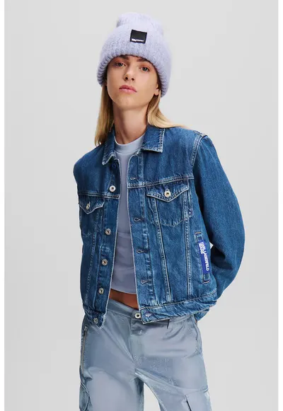 Jacheta de denim din bumbac organic cu buzunar pe piept - Albastru petrol