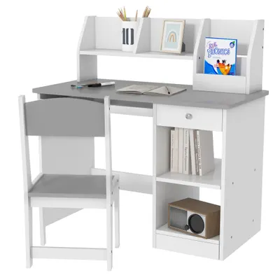 ZONEKIZ Birou pentru copii cu scaun ergonomic, cu tavă culisantă pentru tastatură, nișe și rafturi deschise 90 x 45 x 90 cm gri | Aosom Romania