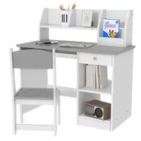 ZONEKIZ Birou pentru copii cu scaun ergonomic, cu tavă culisantă pentru tastatură, nișe și rafturi deschise 90 x 45 x 90 cm gri | Aosom Romania