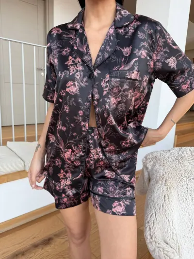 Set pijama dama din doua piese, cu nasturi – 2500092, Dark Blossom