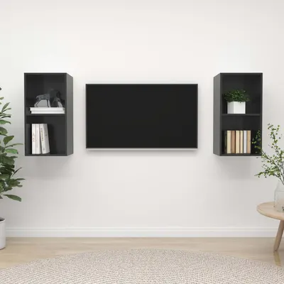 vidaXL Dulapuri TV suspendate, 2 buc., gri lucios, lemn prelucrat