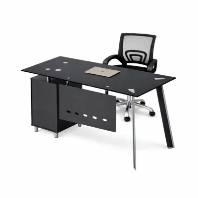 Set Venus &amp; FlexiPro - Birou cu blat din sticla,dulap lateral fix si Scaun de birou ergonomic cu spatar mesh