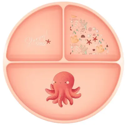 Farfurie din silicon cu ventuză Sassi - Slurpy The Octopus, roz