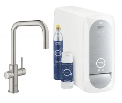 Baterie de bucatarie Grohe Blue Home 31543DC0, 3/8 inch, tip U, pipa inalta, filtrare, racire si apa carbogazoasa, Smart, APP, mat, Supersteel