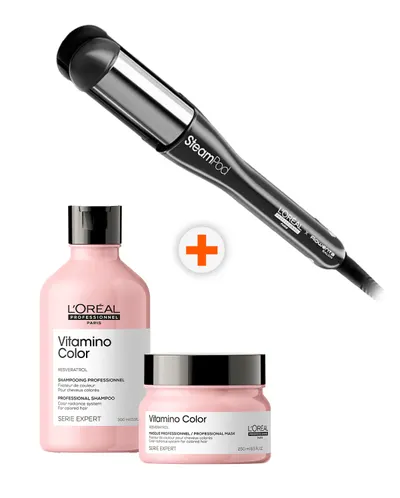 Set placă de îndreptat părul, șampon și mască L’Oréal - Professionnel SteamPod 4 Meteora + Vitamino Color, negru