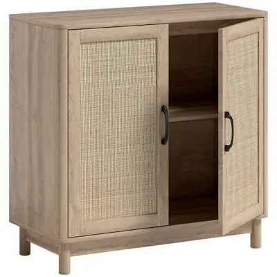 HOMCOM Bufet pentru living, mobilier de depozitare cu 2 uși din ratan, poliță reglabilă și margini rotunjite, 76 x 35 x 75,5 cm, stejar | Aosom Romania