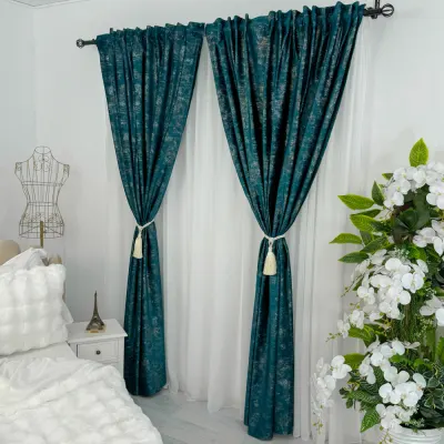 Set 2 Draperii Catifea cu insertii metalizate, Turquoise - V36, 140cm latime x 260cm inaltime, cu tiv lat pt bara