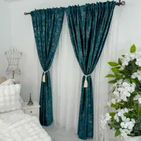 Set 2 Draperii Catifea cu insertii metalizate, Turquoise - V36, 140cm latime x 260cm inaltime, cu tiv lat pt bara