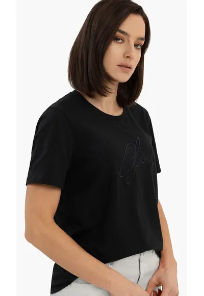 Tricou dama din bumbac cu inscriptie - Comfort Fit - T-Ris - negru