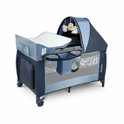 Patut pliant Lionelo Sven Plus Blue Navi cu doua nivele, cu arcada jucarii, masuta de infasat, vibratii, melodii conform cu standardele europeane de securitate EN716 si EN12221