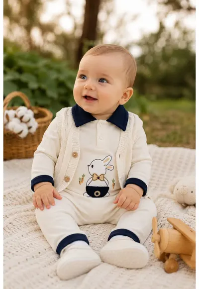 Compleu bebe baieti 3 piese crem cu body iepuras pantaloni si vesta tricotata