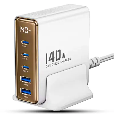 Incarcator Retea Timebox, 5 Porturi, 140W, 3 x Type-C, 2 x USB, Auriu - Default Title