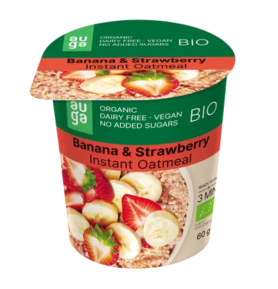 Porridge instant din ovaz integral banane si capsuni, 60g, Auga