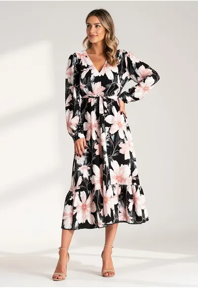 Rochie florala cu volane - neagra - 100% poliester