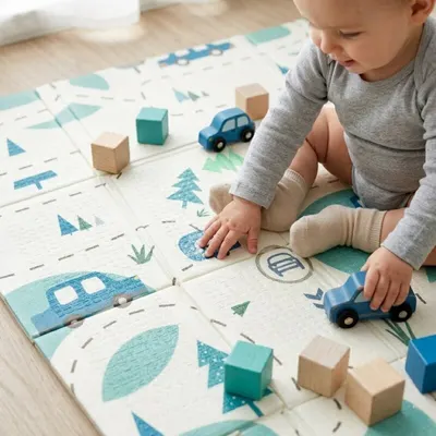 Covoras educativ PetiteMars Campy L din spuma XPE non-toxica, cu doua fete, suprafata antiderapanta, 130x200 cm, pliabil compact 40x32x21 cm, model masini si forme geometrice