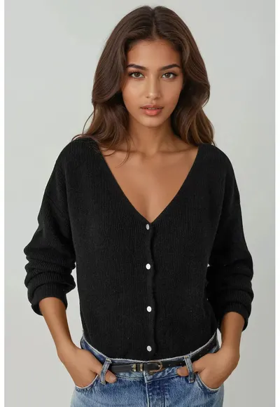 Cardigane - Femei - Cardigan ultra-moale cu decolteu in V si nasturi - cu utilizare dubla - Negru - S - Negru