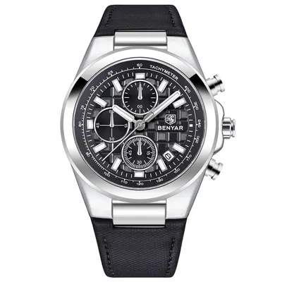 Ceas bărbătesc BENYAR BY-5206, cadran negru, cronograf quartz, luxury, curea din piele neagră, rezistent la apă 3Bar